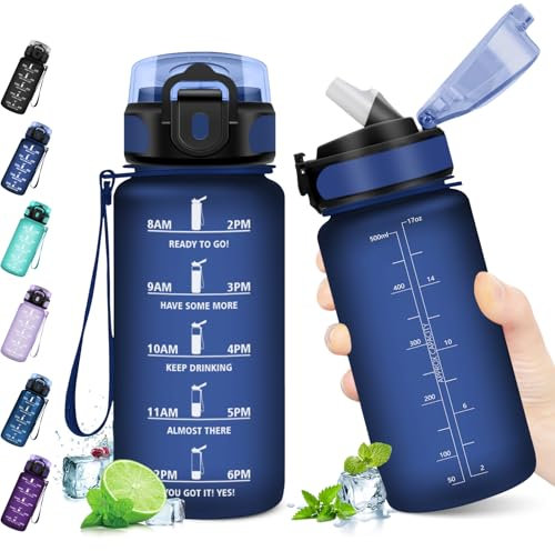 KollyKolla Borraccia Bambini 500ml, Bottiglia d'acqua Sportiva con Indicatore del Tempo Motivazionale, Borraccia con Cannuccia, 1 Clic Aperto, Borraccia Acqua per Bambini, Scuola, Bici, Palestra