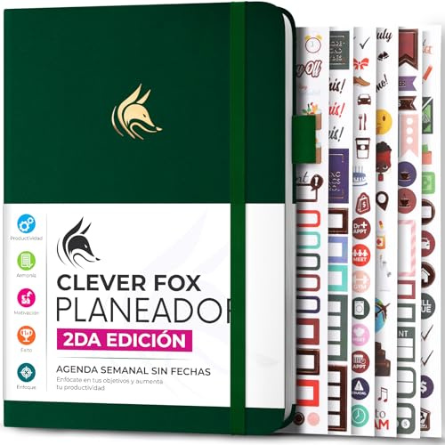 Clever Fox Planner 2 Edición en Español - Colorida Agenda de Objetivos Semanales y Mensuales, Organizadora de Tiempo, Sin Fecha A5 (Verde Bosque)