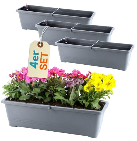 GarPet 4er Set Blumenkasten mit Wasserspeicher Blumenkasten Fensterbank Pflanzkasten Outdoor Wasserstandsanzeiger Gießschacht Bewässerungsband 60 cm Anthrazit