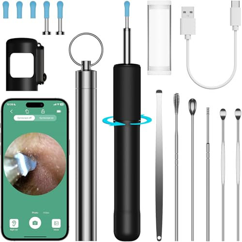 Otoscopio Endoscopio Auricolare Wolmds Ear Wax Removal Camera HD, Pulitore Orecchie con 6 Luci LED, Pulizia Orecchie WIFI Caméra Compatibile iOS/Android, Otoscopio per Oreilles, Nasaux, Nero