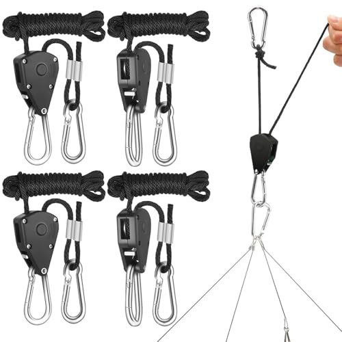 2 Paar（4 Stück） 1/8 Zoll Ratchet Hanger Heavy Duty Einstellbare Ratsche Seil Aufhänger Verstellbarer Seilaufhänger für Grow Light Armaturen Pflanzenlampe Gartenarbeit, 68kg Tragkraft pro Paar