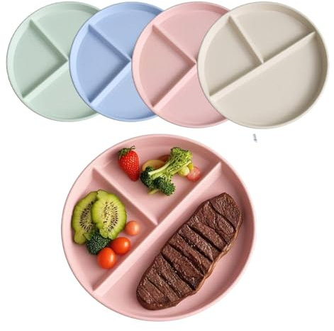Lot de 4 assiettes à dîner divisées de 22,9 cm – Réutilisables et incassables pour adultes et enfants | Passent au micro-ondes et au lave-vaisselle, design de plat profond pour pique-niques et régimes