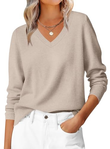 ANRABESS Womens Long Sleeve V Neck Sweaters 2025 Fall Casual Classic Soft Loose Fit Basic Pullover Jumper Top Almond Large