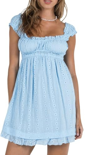 Women Ruffle Mini Dress Lace Strap Square Neck Babydoll ShortDress Sleeveless Flowy Mini Dress Y2K Swing Sundress