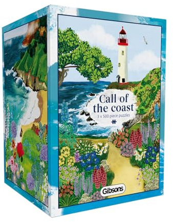 Gibsons Call of the Coast 3 x 500 Piece Jigsaw Puzzles for Adults – Multi‑Box Set of 3 – Beautiful Sandy Beach Nature Landscapes – Sustainable Premium 100% Recycled Board – Great Gift