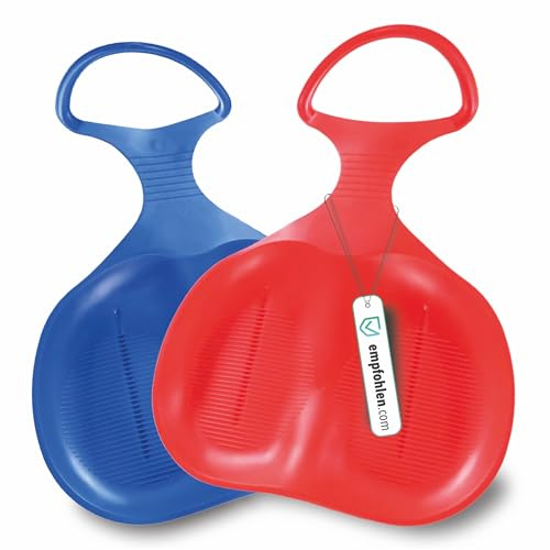 Lot de 2 Luges Plate Po-Rutscher avec Poignée – Bob de Neige/Glissière pour Enfants & Adultes – Disque de Glisse Ultra Léger et Résistant au Froid (2 pièces : Rouge et Bleue)