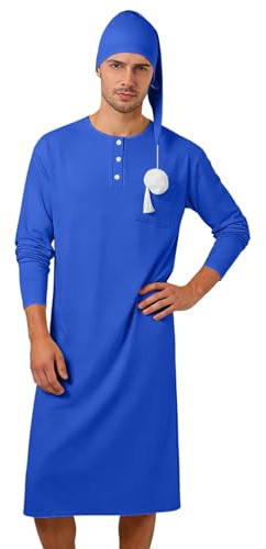 Camicia da notte da uomo con cappello da notte a righe a maniche lunghe abbottonatura sul petto lungo set di biancheria da notte a righe e da uomo, tuta lunga, O blu1, M
