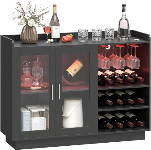 HOMCOM Mueble de Bar, Armario Buffet para Vinos con Luces LED RGB y Botellero para 12 Botellas, Aparador de Cocina con Estante Ajustable y Puertas de Cierre Suave, para Comedor, Salón, Negro