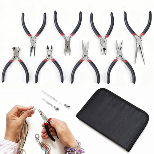8 PCS Mini Pliers Set with Pouch, Long Nose, Bent, Flat, Round, Side Cutting and End Cutting Plier Small Jewellery Pliers for Crafting, Jewelry Making and Electronics
