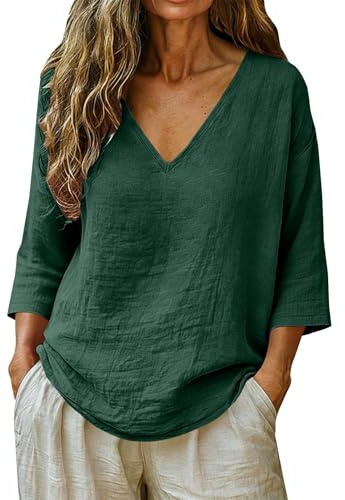 T-shirts pour femmes manches 3/4 été élégante tunique chemisiers mignon col en V coton lin manches courtes business chemise basique tenue