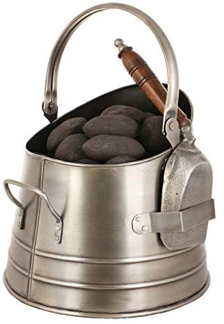 Coal Scuttle Silver Finish Metal Fireside Bucket & Shovel Firepalce Kindling Log Basket