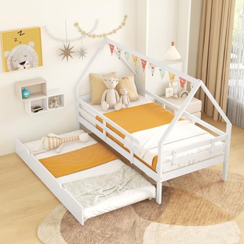 COSTWAY Letto per Bambini con Letto Estraibile, 90 x 200 cm, Struttura in Legno con Tetto e Sponde di Sicurezza Lunghe, Forma Casa, Ogni Letto Carico 150 kg