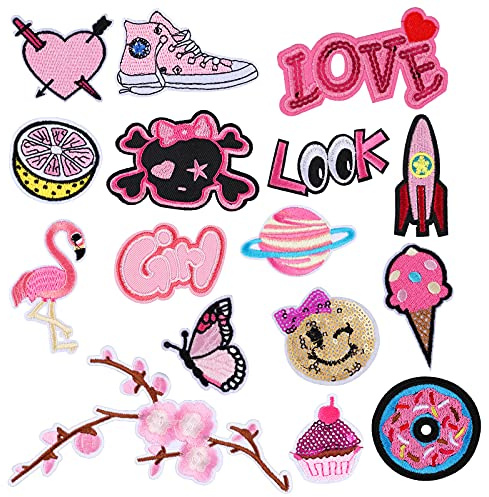 VETPW 16 Pcs Tema Rosa Parches Ropa Termoadhesivos, Patch Sticker, Parches Bordados Parche de Hierro en Parches para Ropa, Mochilas, Chaquetas, Sombreros. Reparación y Decoración