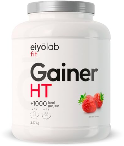 GAINER HT | Proteine Whey + Isolate + Maltodextrine | Gainer Prise de Masse Musculation | 5 Sources de Protéines + 2 Sources de Glucides + MCT | Boisson Shaker Goût Fraise | 2,27 kg | Eiyolab
