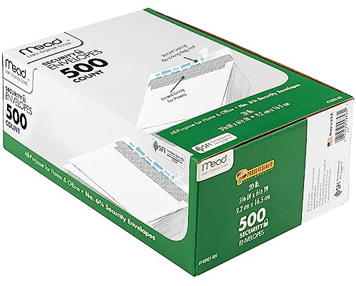 Mead #6-3/4 Envelopes, 3-5/8 x 6-1/2, Security Printed Lining for Privacy, Press-It Seal-It Self Adhesive Closure, White All-Purpose 20-lb Paper Mailing Envelopes, 500 Count (742021)
