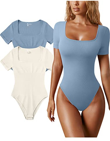 OQQ Women Bodysuits Square Neck 2 Piece Short-sleeve Tummy Control Seamless Fashion Bodysuits