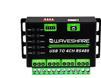 Waveshare Convertisseur USB en RS485, 4 Canaux, Protection Multi-Système, Aluminium, Montage sur Mur et Rail