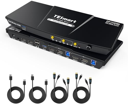 TESmart Switch KVM HDMI DP USB 3.0 per 2 Monitor, 2 PC, 4K 60Hz con EDID, Audio e Microfono, USB per Scanner e Stampanti, Interruttore con Pulsante di Accesso Rapido, Doppio Monitor con 4 Cavi