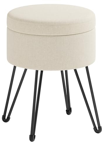 SONGMICS Sitzhocker, runder Hocker mit Stauraum, Aufbewahrungsbox mit Deckel, Schminkhocker, 39 x 44,1 cm (Ø x H), Metallbeine, gepolsterter Sitz, Wohnzimmer, Schlafzimmer, cremeweiß LOM002W01