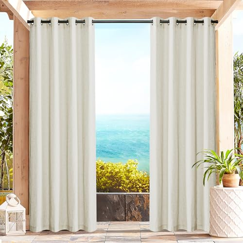 PONY DANCE Cortina de Exterior Impermeable para Pergolas de Jardin Cortinas de Lino Translucidas para Porche Terraza con Ojales, 2 Piezas, 140x213 cm, Crema