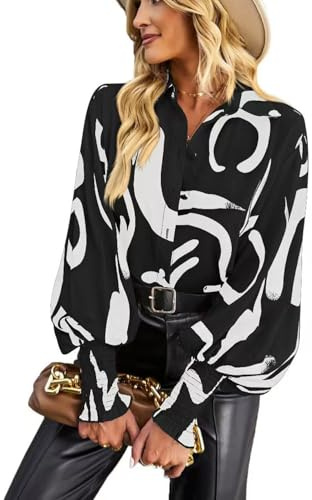 HUXRAKV Casual Imprimée Chemisier Femme Manche Longue Chic et Élégante Chemisier Boutonnée Fluide Hauts à Revers Manches lanternes Tops Automne Hiver,WD15-Noir 2,XXL