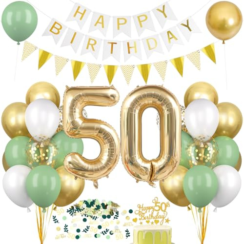 Décoration Anniversaire 50 Ans, Ballon 50 XXL Vert et Or, Kit Ballon Guirlande Happy Birthday Deco, Bannière Joyeux Décoratif pour Anniversaire 50 Ans Homme Femme, Fête D'anniversaire Déco