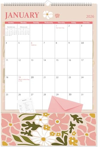 Guasslee 2025-26 Wall Calendar with Pockets, 12-Month Vertical Pocket Wall Calendar From Jul. 2025 - Jun. 2026, 17 X 11.5 Monthly Hanging Planner Aesthetic With Thick Paper For Home School Office