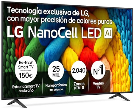 LG 75NANO80A6B - TV 75, 4K NanoCell, Smart TV, LED IA, WebOS 25, Procesador Potente e Inteligente, Super Upscaling, Dolby Digital Plus, Alexa/Google Assistant, Negro