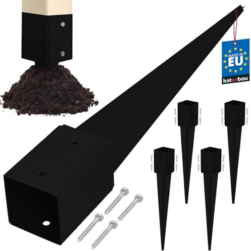 KOTARBAU® Lot de 4 supports de poteau à enfoncer - 91 x 91 x 750 mm - En acier galvanisé revêtu par pulvérisation - Piquet à enfoncer - Clôture de jardin - Piquet de terre - Ancrage au sol - Manchons