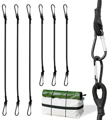 WUGAUWOR 6 Pezzi Corde Elastiche con Gancio - 50 cm x 3 + 30 cm x 3 Elastici con Gancio, Resistente ai Raggi UV, Lunghe Corda Elastica Nere per Camping, Teli, Tendone, Portabici, Auto