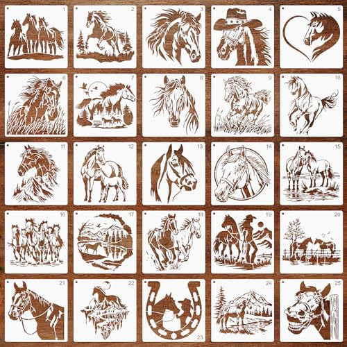 MWOOT 25 Pièces Pochoir de Cheval, Pochoir Chevaux de Peinture, Stencils pour Peinture DIY, Modèles Réutilisables en Plastique pour Décoration Murale, Tissu et Artisanat, 15x15 CM