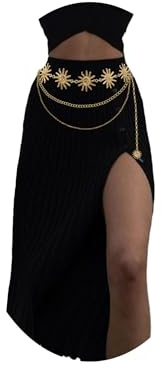 RIXERKOC Ceinture à Chaîne Métal, Ceinture Ventrale Multicouche Réglable Soleil Lune pour Femme Accessoire de Mode pour Robes Jeans Pantalons