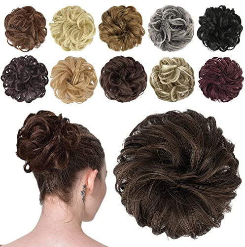 FESHFEN Messy Bun Hair Piece - Wavy Synthetic Chignon Scrunchies for Instant Volume, Elastic Bun Ponytail Hair Extensions Thick Hairpieces for Women, Dark Brown & Light Auburn Mixed 1.50 oz