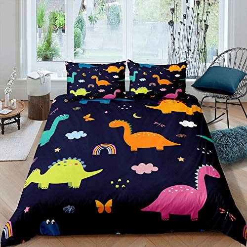 Kungsblå liten dinosaurie påslakan flickor vuxen dubbel tecknad t-Rex dinosaurie sängkläder skydd för barn pojkar tonåringar vitt moln täcke skydd för barn mjukt överkast skydd 3 st bäddset