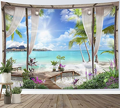 LB 150x100cm Tapiz de Pared Océano turquesa Colgar de Pared playa Tela Pared Paisaje de isla tropical desde el balcón Tapices para Sala Dormitorio Decoración Pared