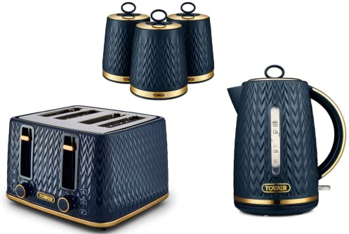 TOWER Empire Midnight Blue 1.7L 3KW Jug Kettle, 4 Slice Toaster and Set of 3 Tea, Coffee & Sugar Canisters. Stylish Art Deco Design Kitchen Set of 5 Items