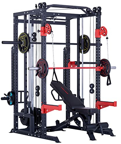 Train Hard Power Rack Multipresse Kraftstation Smith Maschine mit Hantelbank, Beinpresse, Klimmzug, Latzug, Dip Bar, Rudern, Langhantel und Zubehör (mit Hantelbank)