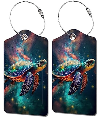 2 Pack Luggage Tag for Suitcase, Cute Unique Leather Bag Tags Identifiers Privacy Cover ID Label with Durable Steel Loop for Women Men Kids Girls Travel，TurtleE