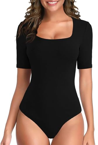 TQD Short Sleeve Bodysuit for Women Square Neck Bodysuit Elbow Sleeve Tshirt Body Suit Top