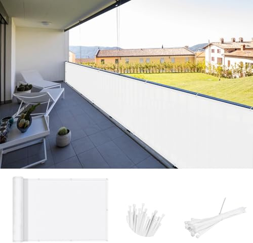 SUNNY GUARD Balkon Sichtschutz Wetterfest 70x800cm Balkonverkleidung Balkonabdeckung Balkonumspannung UV-Schutz Windschutz mit Kabelbinder,Weiß