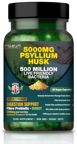 Fibre Supplement 5000mg Psyllium Husk with 500 Million Multi-Strain Probiotic - High Strength - Natural Soluble Fiber Supplement Plantago Ovata Seeds 2 Month Supply Psyllium Husks Capsules Vegan, UK