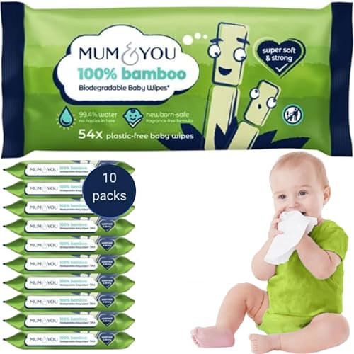 Mum & You Bamboo Baby Wipes Multipack- 648 wipes (54 bamboo wipes x 12 Packs) - 100% Biodegradable Wet Wipes for Sensitive Newborn Skin, 99.4% Water, Eco-Friendly