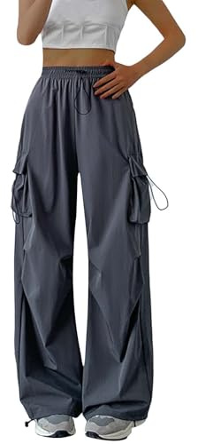 PODOLIXIA Pantalones cargo para mujer, holgados Y2k, pantalones de pierna ancha, parachute, pantalones cargo de cintura alta, secado rápido, pantalones cargo impermeables, resistentes a la abrasión,