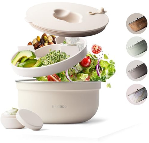 MAMEIDO Insalatiera per il viaggio 1,5 l, Lunchbox in acciaio inox, Bento Box senza BPA Porta Pranzo con scomparti e contenitore per condimenti a prova di perdite Meal Prep (Ivory Beige)