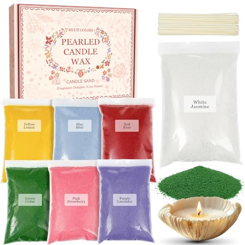 Scent-Hi Arena de Velas Perfumada, Granulado de Cera de Velas, 1.1kg, 7 Colores, con 20 Mechas, Velas de Arena para Hacer velas DIY- Jazmín, Lavanda, Rosa, Cedro, Fresa, Limón, Menta