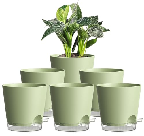 Homeuouz 15cm Self Watering Plant Pots Indoor, 6 Pack Plastic Planters with Drainage Holes & Saucer, Ideal for All Indoor Outdoor House Plants(Green With Transparent Drainage)