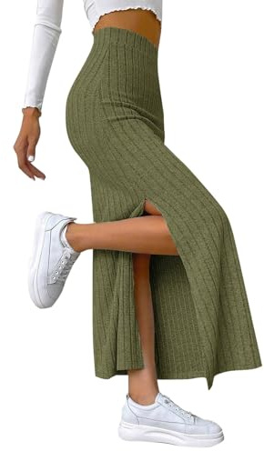 Gonna a maglia da donna, linea ad A, lunga, calda, in lana, per l'inverno, a vita alta, elasticizzata, attillata, con spacco laterale sciancrata, elegante maglia a coste
