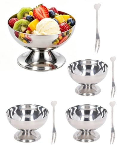 Tissting Copas de helado de acero inoxidable, cuencos de postre, cuencos de helado transparentes, cuencos trifle, cuencos para servir postres, helados, ensaladas, cócteles, especias (4 x patas cortas