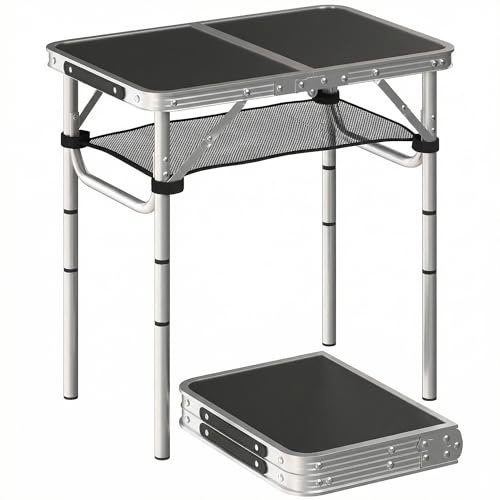 Outsunny Tavolo da Campeggio Pieghevole 60 cm, Tavolo da Picnic con Strato di Rete, 4 Livelli di Altezze Regolabili e Maniglia per il Trasporto, Nero