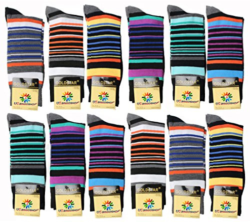 USBingoshopTM Mens Cotton Dress Socks (10-13, Striped-1) 12 Pack
